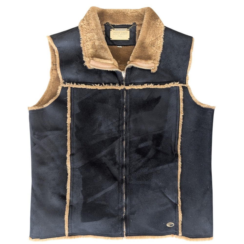 Vintage Point Zero Medium Black Tan Faux Suede Ultrasuede Warm Plush Vest